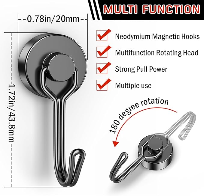 FINDMAG Magnetic Hooks, 40Lbs+ Strong Magnet Hooks for Cruise Cabins, Powerful Neodymium Magnets with Hooks for Hanging, Swivel Swing Black Magnetic Hooks for Fridge, Whiteboard, Kitchen, Toolbox