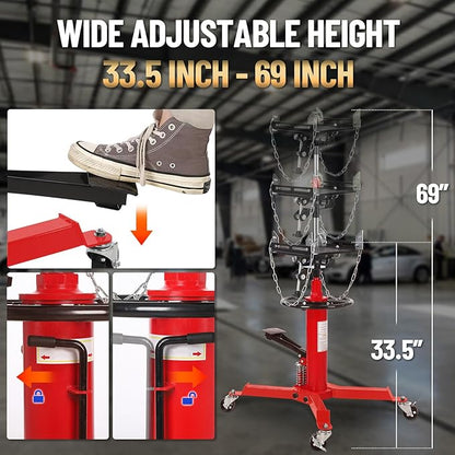 Dual Plunger Hydraulic Transmission Jack 1322lbs Capacity, 33.5"-69" High Lift 2-Stage Hydraulic Telescoping Jack, Trans Jack Stand with 8MM Non-Slip Pad, Foot Pedal & Swivel Wheel, Red