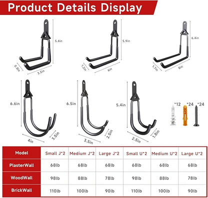 12 Pack Garage Hooks,Detachable Garage Storage Hooks Steel Heavy Duty Utility Garage Wall Mount Hooks with Anti-Slip Coating for Hanging Bike,Ladder and Garden Tools.