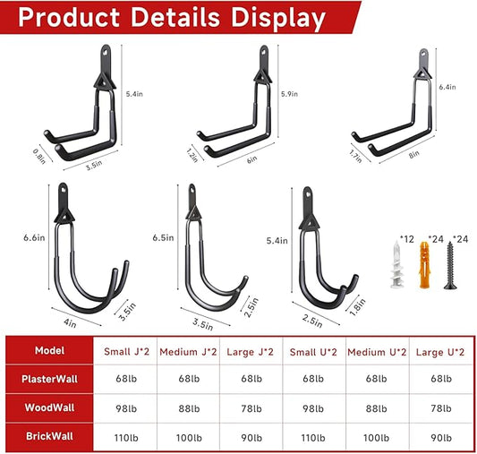 12 Pack Garage Hooks,Detachable Garage Storage Hooks Steel Heavy Duty Utility Garage Wall Mount Hooks with Anti-Slip Coating for Hanging Bike,Ladder and Garden Tools.