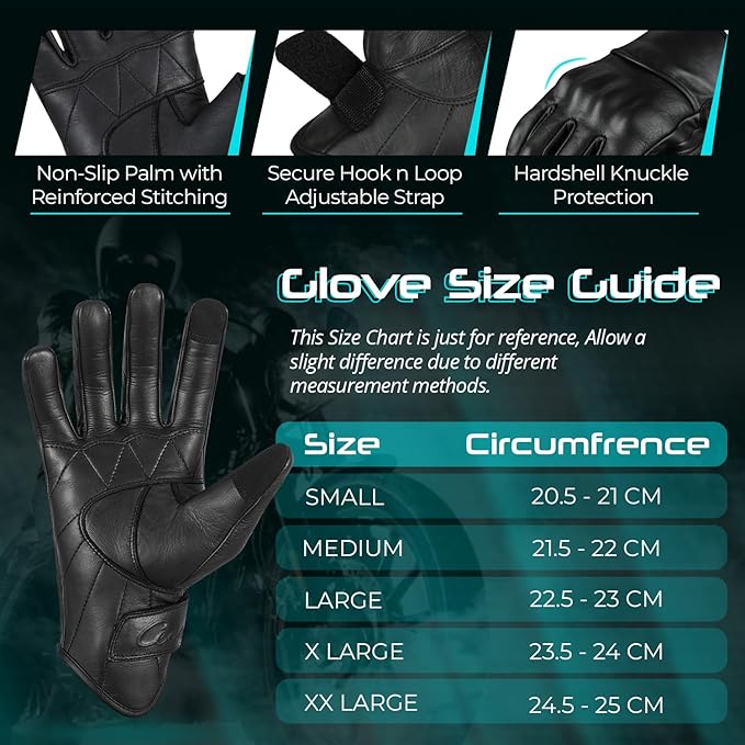 aasportx Motorcycle Gloves - Men's Leather Motorbike Gloves with Touchscreen Function - Non-Slip Pads for Men & Women
