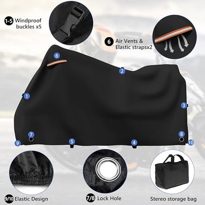STARTWO Motorcycle Covers Waterproof Outdoor Storage Heavy Duty All Season Universal Vehicle Cover for Harley Davidson Sport, Cruisers, Softail, Adventure Series and Most Motorcycles 96"x43"x55" Black