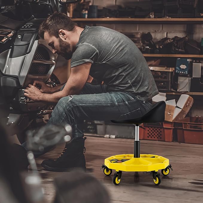 Goplus Rolling Garage Stool, 20”-25” Height Adjustable Mechanic Stool w/Magnetic Tool Tray, 2.5" Thick Padded Seat, Universal Lockable Wheels, Pneumatic Creeper Seat for Repair Shop, 350LBS Capacity
