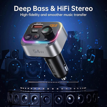Syncwire Bluetooth 5.4 FM Transmitter Car Adapter 54W (PD 36W & 18W) [Stronger Dual Mics] [Light Switch] [HiFi Bass Sound] [Fast Charging] Wireless Radio Receiver Hands-Free Calling LED Display