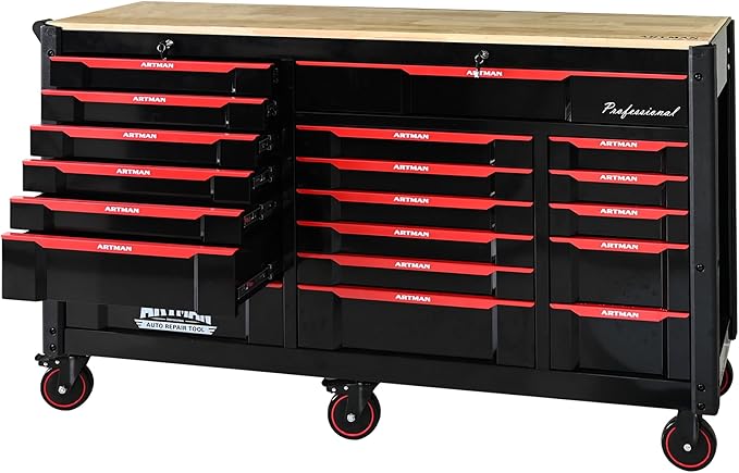 66-Inch Rolling Tool Chest and Workbench with Wheels & 19 Drawers, Lockable Storage Cabinet Stainless Steel for Garage Workshop (Tool Cart)