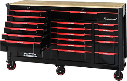 66-Inch Rolling Tool Chest and Workbench with Wheels & 19 Drawers, Lockable Storage Cabinet Stainless Steel for Garage Workshop (Tool Cart)