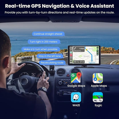 Compatible Wireless Apple CarPlay Android Auto Screen for Car, 2K Dash Camera 9 Inch 1080P Touch Screen Stereo Bluetooth Portable GPS Navigation Vedio Player Mirror Link, Airplay, Siri, Voice Control