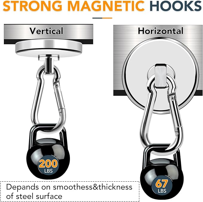 MIKEDE Strong Magnetic Hooks Heavy Duty, 200LBS+ Swivel Neodymium Magnets with Carabiner Hook, Hooks for Hanging, Curtain, Home, Workplace - 4 Pack