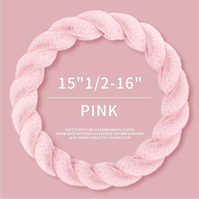 Luxury Fluffy Winter Car Steering Wheel Cover for Women Soft Warm Handle Cover for Jeep Truck Van F150 Universal Fuzzy Anti Slip, Pink