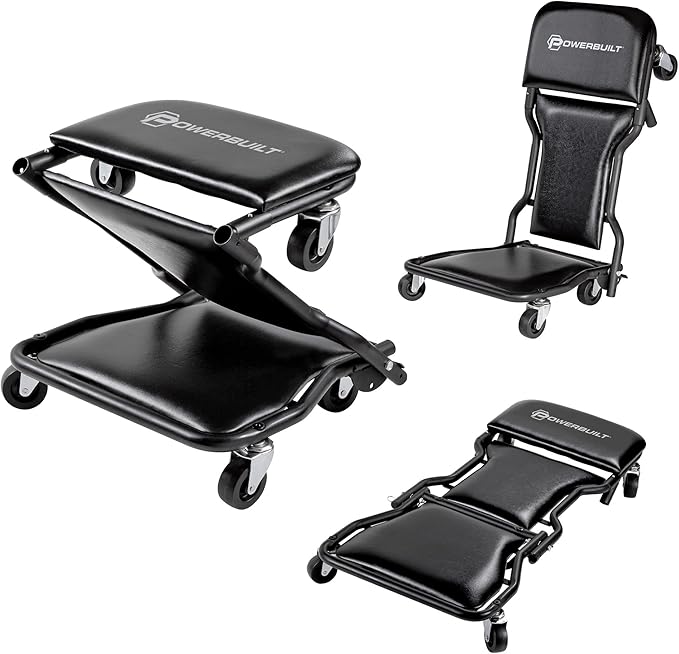 Powerbuilt 42-Inch Triplex Folding Creeper, Rolling Seat, and Brake Stool, All-in-One Adjustable Roller Garage Chair, Lay Down or Sit, Black 620469