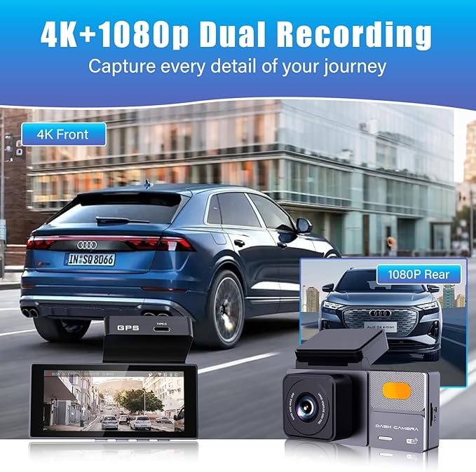 K03 On-Dash Cameras - Front and Rear Dash Cam for Cars, 4K Dual DashCam, Wireless Dash Camera with HDR Night Vision, GPS, Voice Control, Remote Live View - Best Rated Car Camera 2024
