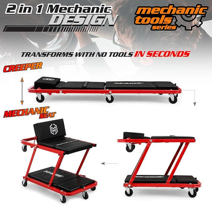 M-AUTO Heavy-Duty Convertible Mechanic Creeper, Z-Creeper 2-in-1 Creeper and Seat 48" Padded Adjustable Headrest Roller Garage Chair with 7 Swivel Casters for Washing, Detailing, Maintenance, Red