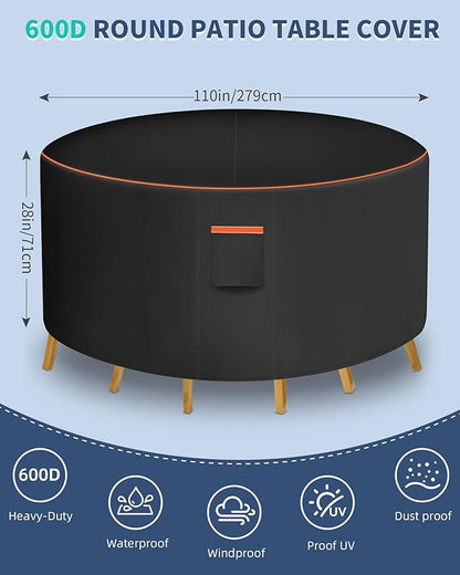 Round Patio Furniture Cover, 110 Inch Diameter Waterproof 600D Heavy Duty Table and Chair Set Protection Black