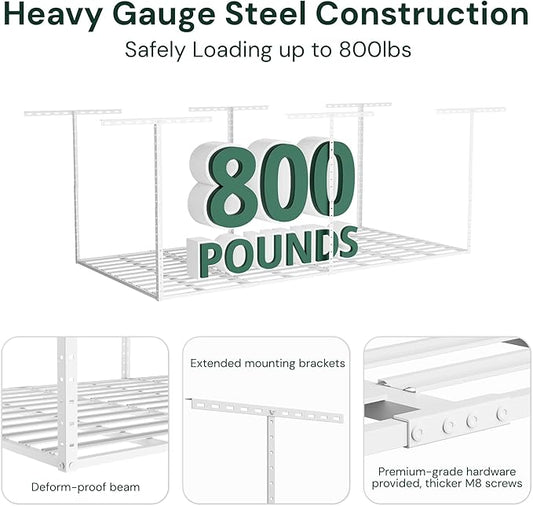 SunsGrove 3x6 Garage Storage Overhead Rack Organization, Adjustable Ceiling Mounted Storage Racks, 800LBS Weight Capacity, 22"-40" Ceiling Dropdown, White