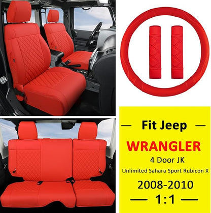 GIANT PANDA Customized Full Set Car Seat Covers for Jeep Wrangler 4 Door JK Unlimited Sahara Sport Rubicon X 2008 2009 2010, Faux Leather - (Red)