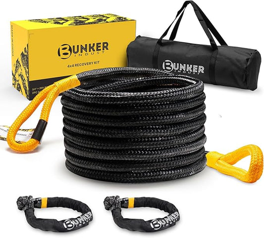 BUNKER INDUST 3/4in×20ft Kinetic Recovery Rope with 2 Soft Shackles Kit, Kinetic Recovery Tow Rope Snatch Strap Off Road Recovery Kit for UTV, ATV, Truck, Car, Jeep, Tractor