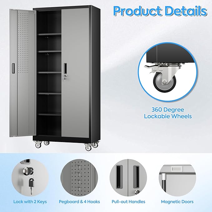 71" H×32" W×16" D Garage Storage Cabinet with Wheels & Pegboard, Locking Metal Storage Cabinet with Doors and 5 Adjustable Shelves & & 4 Hooks for Garage Warehouse Home Office, Black and Gray