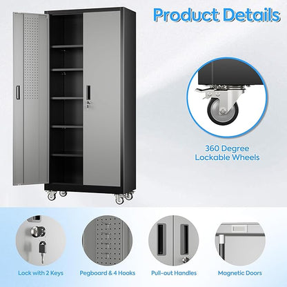 71" H×32" W×16" D Garage Storage Cabinet with Wheels & Pegboard, Locking Metal Storage Cabinet with Doors and 5 Adjustable Shelves & & 4 Hooks for Garage Warehouse Home Office, Black and Gray