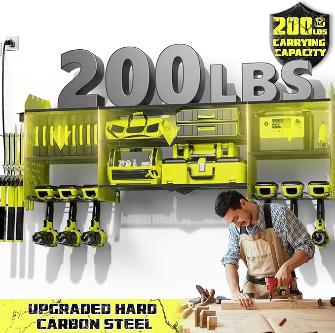 45" Large Power Tool Organizer Wall Mount with Charging Station - 3 Layer Storage Racks with 8 Cordless Drill Holder, 4 Hooks, Heavy Duty Garage Tool Organizer Storage for Workshop Pegboard Basement