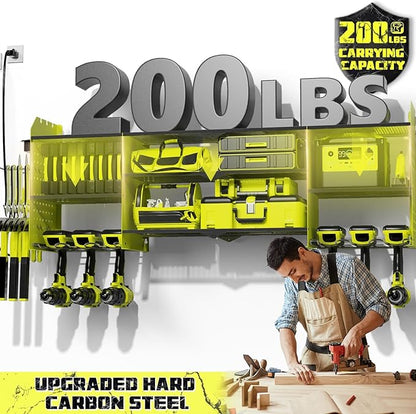 45" Large Power Tool Organizer Wall Mount with Charging Station - 3 Layer Storage Racks with 8 Cordless Drill Holder, 4 Hooks, Heavy Duty Garage Tool Organizer Storage for Workshop Pegboard Basement