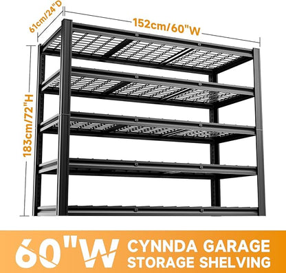 5-Tier 60”W x 24”D x 72”H Garage Shelving Storage Shelves 3000LBS Heavy Duty Metal Shelf Adjustable Rack Units Suitable for Garage Basement Warehouse Utility Shelves (Black)