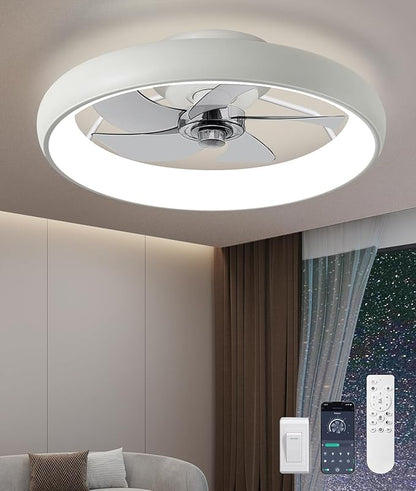 Ultra Low Profile Ceiling Fans with Lights and Remote Ultra Quiet 25 dB, 21" Modern Flush Mount Ceiling Fan LED Ceiling Fan Fandelier Ceiling Milky White