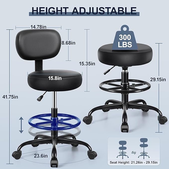 Drafting Chair with Backrest – Adjustable Foot Rest Rolling Stool with Wheels, PU Leather Swivel Stool for Office Spa Studio Lab Counter Salon Home Work Bar Kitchen Shop(Black)