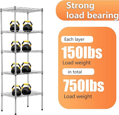 BestOffice 5 Tier Garage Shelving Heavy Duty Metal Shelves 17”D x 12”W x 48”H Easy Assemble Storage Shelves NSF Certified Wire Shelving with Leveling Feet for Garage Home Office, Chrome