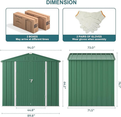 Gizoon Outdoor Storage Shed 8 x 6 FT, Galvanized Metal Garden Shed with Double Lockable Doors, Outdoor Storage Clearance for Backyard Patio Lawn-Green