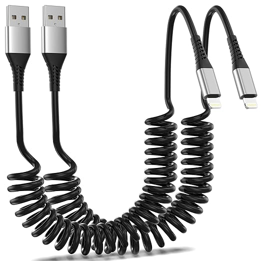 Coiled Lightning Cable for Car, 2Pack Retractable iPhone Charger Cable Fast Charging, [MFi Certified] Short Apple CarPlay USB to Lightning Cord for iPhone 14 13 12 11 Pro Max Mini XR XS 8 SE iPad