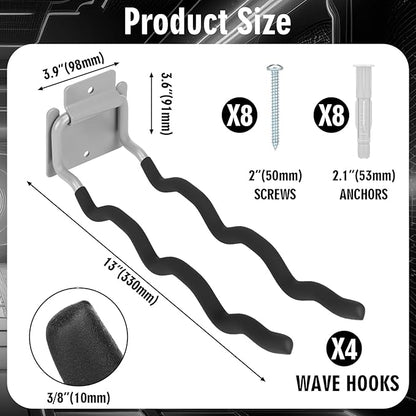 4 Pack Heavy Duty Garage Hooks Ladder Hangers for Garage Wall Flip up Wave Hooks for Shovels Chairs Durable 12" Foldable Tools Holder for Yard Garden Tool Organization