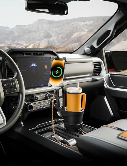 ToughTested XL Power Cup Holder Phone Holder - Heavy-Duty Phone Mount & Oversized Cup Holder for Car – Fits 64oz YETI/Stanley Mugs, USB Ports, 9" Gooseneck Arm – Universal for Truck, SUV, RV & Van