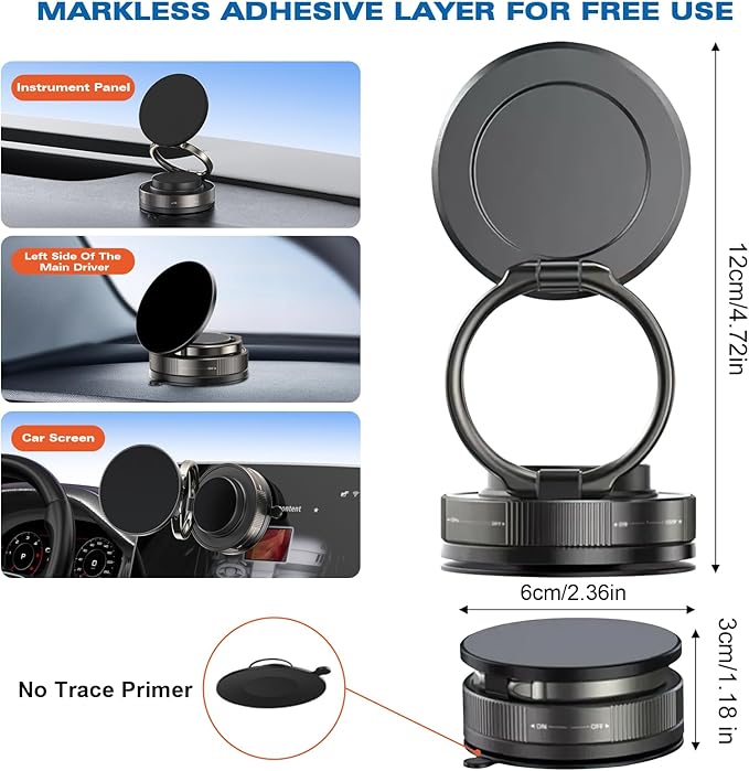 Vipbu Phone Mount, Vipbu Phone Holder, Car Phone Holder, 360° Adjustable Vacuum Magnetic Phones Holders, Foldable Car Mount, Universal Adjustable Stand for Phone Smartphones (Black)