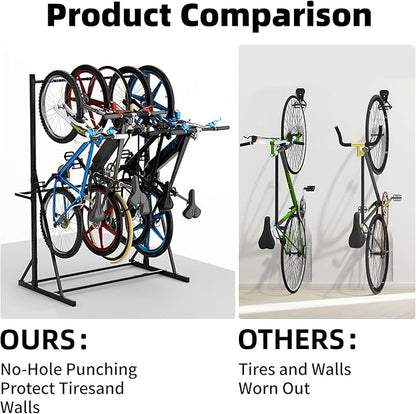 Freestanding Bike Storage Rack Vertical Bike Rack Indoor Garage Floor Stand Heavy Duty Bike Organizer Garage Bicycle Organizer Holds Up to 5 Bikes