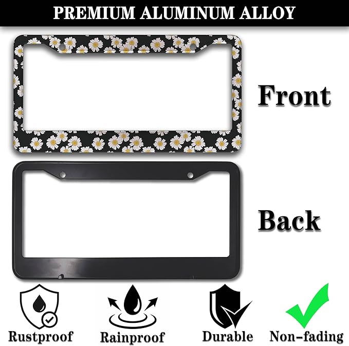 License Plate Protector Black and White License Plate Frames White Daisy Black Decorative Universal Aluminum Car Accessory 2 Pack with Screw Covers Set