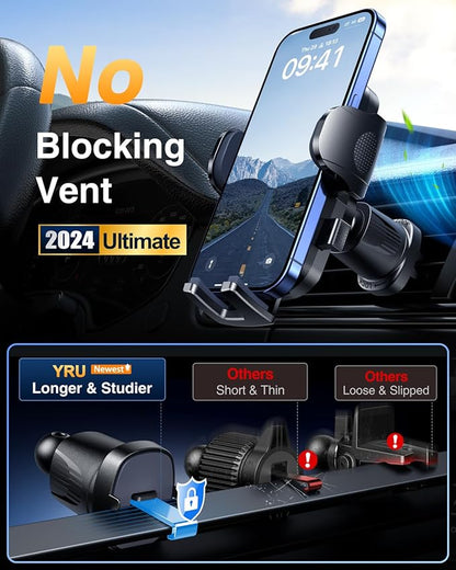 [True Military-Grade & 360 Degrees Rotatable Suction] 2025 YRU Ultimate Car Phone Holder Mount 【90+LBS Safest Strongest & Patent Certs】Dashboard Windshield Vent for iPhone 16 15 Pro Max Samsung, Black