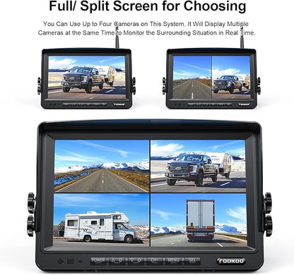 Fookoo 1080P 7" Wireless Backup Camera System, 7" HD Dual/Quad Split Monitor with Recording, IP69 Waterproof Rear View Front View Cameras with Parking Lines, Suits for RV/Truck/Trailer/Van/Bus(DW702)