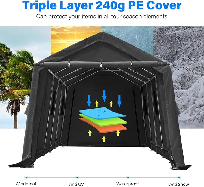 ADVANCE OUTDOOR 13x20 ft Carport 2 Roll up Doors & Vents Outdoor Portable Storage Shelter Garage Tent for Vehicle Boat Truck Anti-UV Snow Resistant Waterproof, Gray