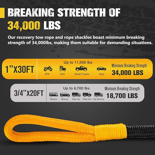 BUNKER INDUST 1"×30ft Kinetic Recovery Rope with 2 Soft Shackles Kit, Kinetic Recovery Tow Rope Snatch Strap Off Road Recovery Kit for UTV, ATV, Truck, Car, Jeep, Tractor
