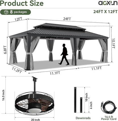 Aoxun 12' X 24' Hardtop Gazebo with Drainage System, Aluminum Outdoor Gazebo with Galvanized Steel Double Roof, Patio Permanent Metal Pavilion with 20 inch Ceiling Fan, for Garden, Deck, Grey