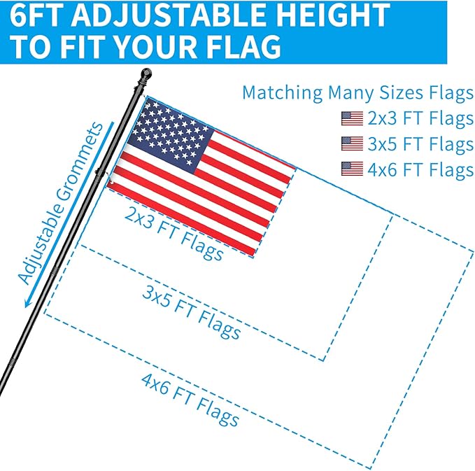 ZMTECH Flag Pole - Upgraded Bracket, (2 Packs) 6 FT Stainless Steel Flag Poles for Outside House, Residential or Commerical, Tangle Free Flag Pole Kit for American Flag (Without Flag, Black)