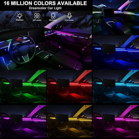 Dream+Color Acrylic Interior Car LED Strip Light with Wireless APP, RGB 6 in 1 with 175 inches 593 LEDs Fiber Optic Strip Lights for Car, Dynamic Chasing Music Sync Neon Ambient Lighting Kits