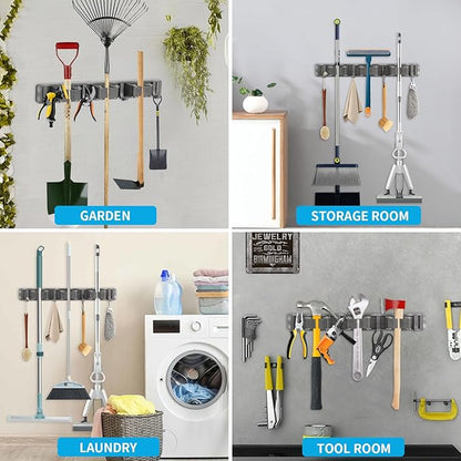 Broom Holder Wall Mount, Aluminum Mop and Broom Holder Hanger with 3 Racks and 4 Hooks, Mop Holder for Laundry Garage Tool Organization
