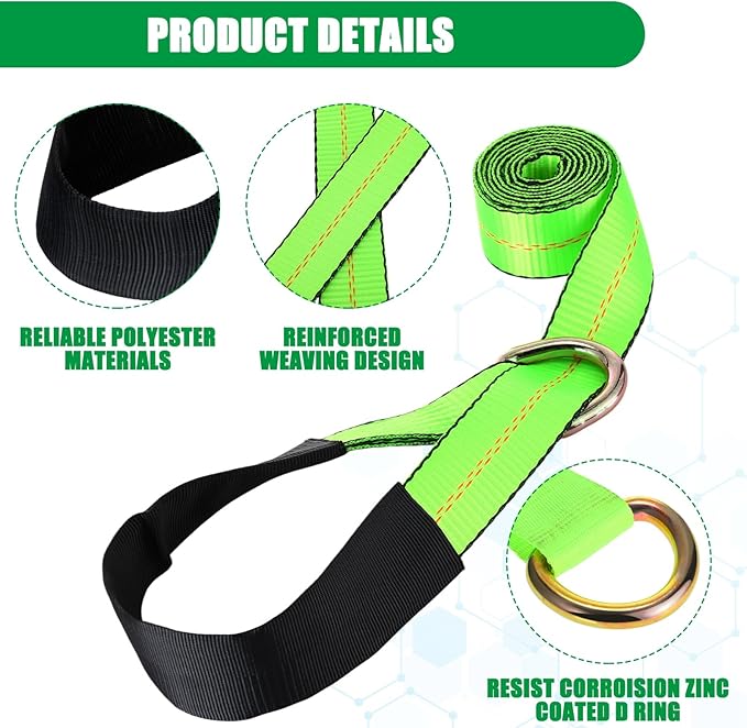 8 Pack 2" X 8ft Tow Truck Straps Lasso Wheel Lift Straps Lasso Tow Strap with D Ring 11, 000 Lbs Break Strength Auto Tie Down Auto Hauler for Trailer Truck Tie(Green)