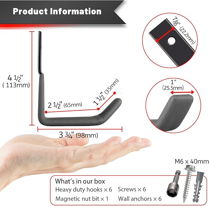 Garage Hooks for Hanging Heavy Duty, Ladder Hooks for Garage Wall Hanger, Metal J Utility Hooks, Shovel Holder Wall Mount Hooks, Garden Tool Organizer Storage for Helmet, Backpack-6Pack