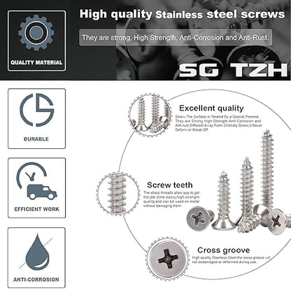 #14 x 1-1/4" Wood Screw 100Pcs 18-8 (304) Stainless Steel Screws Flat Head Phillips Fast Self Tapping Drywall Screws by SG TZH