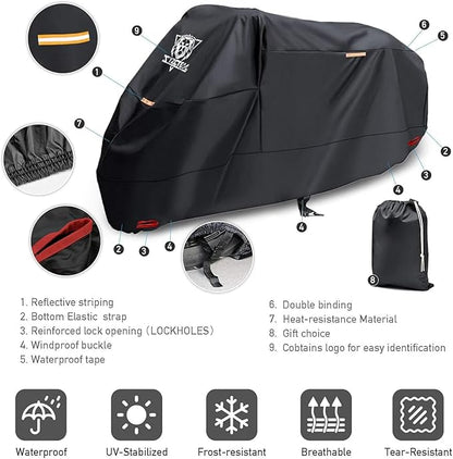 XYZCTEM Motorcycle Cover -Waterproof Outdoor Storage Bag,Made of Heavy Duty Material Fits up to 91 inch, Compatible with Harley Davison and All Motors(Black& Lockholes& Professional Windproof Strap)