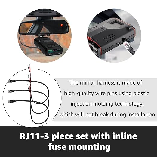 16.5" Radar Detector Hardwire Power Cord Mirror Wire Plug Tap Set (3-Piece Set) - Compatible with Uniden Valentine One Escort & Beltronics Radar Detectors,Inline Fuse Mount (RJ11)