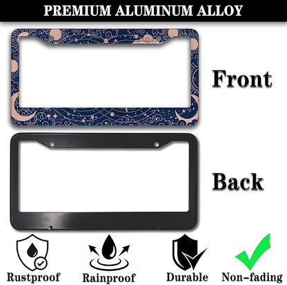 License Plate Frames for Women Blue License Plate Holder for Men Moon Sun Universal Aluminum Car Accessory 2 Pack with Screw Covers Set