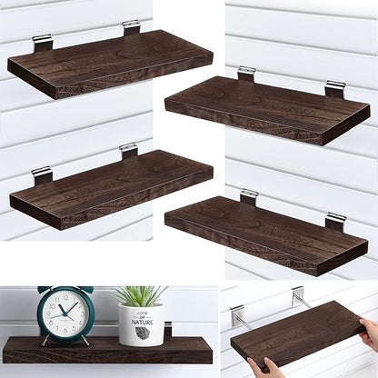 4 Pack Wooden Slatwall Shelf, 16.1" D x 6.7" W x 1.1" H Slatwall Shelves with Metal Hooks Organizer Set Mounted Accessories for Garage Home Workshop Workbench (Brown)